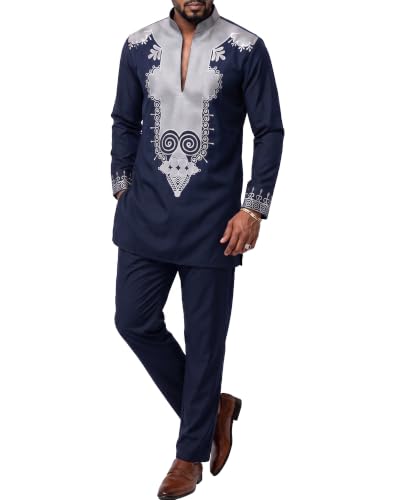 Men's 2 Piece Set African Long Sleeve Dashiki Shirt and Pants, Traditional Pattern Outfit with Classic Gold Print, Tribal Afro Suit for Weddings and Parties, 37, Navy with Silver (37)
