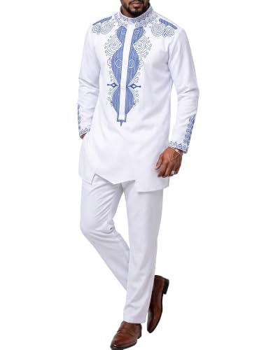 Men's 2 Piece Set African Long Sleeve Dashiki Shirt and Pants, Traditional Afro Outfit with Retro Gold Print, Tribal Pattern Suit for Weddings and Ceremonies, 01, White with Blue (01)