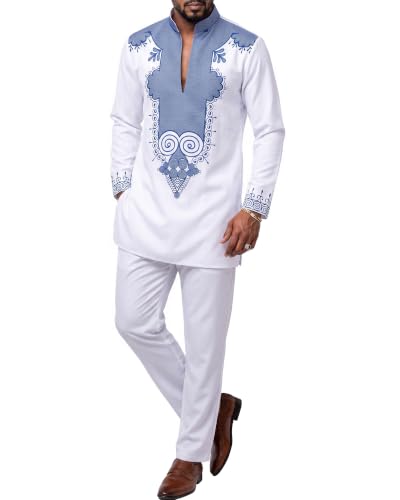 Men's 2 Piece Set African Long Sleeve Dashiki Shirt and Pants, Traditional Pattern Outfit with Classic Gold Print, Tribal Afro Suit for Weddings and Parties, 37, White with Blue (37)
