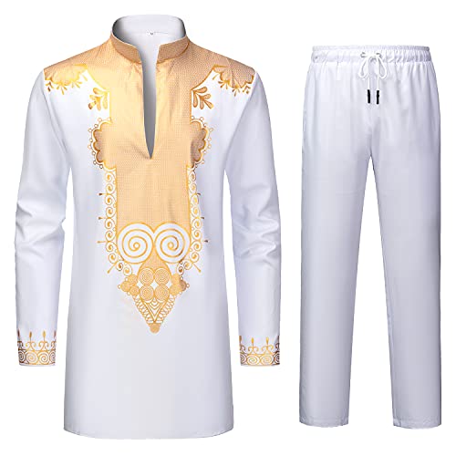 Men's 2 Piece Set African Long Sleeve Dashiki Shirt and Pants, Traditional Pattern Outfit with Classic Gold Print, Tribal Afro Suit for Weddings and Parties, 37, White with Gold (37)
