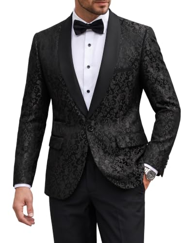 Men's 2 Piece Slim Fit Suit Set, One Button Shawl Lapel Floral Pattern Party Blazer, Jacket Pants with Bow Tie, Black