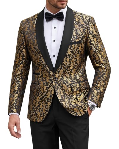 Men's 2 Piece Slim Fit Suit Set, One Button Shawl Lapel Floral Pattern Party Blazer, Jacket Pants with Bow Tie, Gold