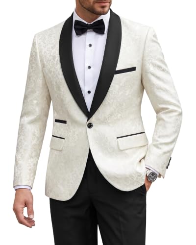 Men's 2 Piece Slim Fit Suit Set, One Button Shawl Lapel Floral Pattern Party Blazer, Jacket Pants with Bow Tie, White