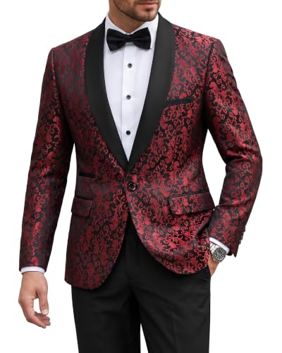 Men's 2 Piece Slim Fit Suit Set, One Button Shawl Lapel Floral Pattern Party Blazer, Jacket Pants with Bow Tie, Red