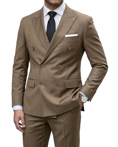 Men's 2 Piece Suit, Double Breasted Slim Fit Jacket Pants Set and Tie, Camel Brown