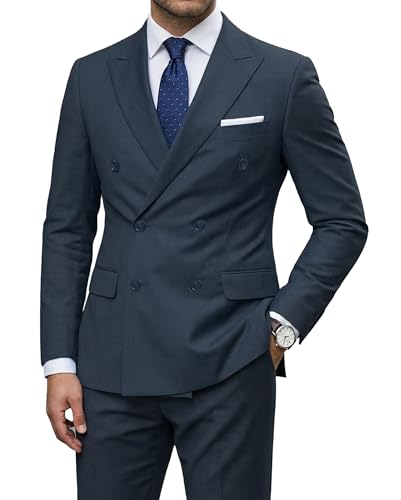 Men's 2 Piece Suit, Double Breasted Slim Fit Jacket Pants Set and Tie, Carbon Blue