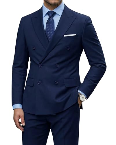 Men's 2 Piece Suit, Double Breasted Slim Fit Jacket Pants Set and Tie, Deep Blue