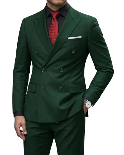 Men's 2 Piece Suit, Double Breasted Slim Fit Jacket Pants Set and Tie, Deep Green