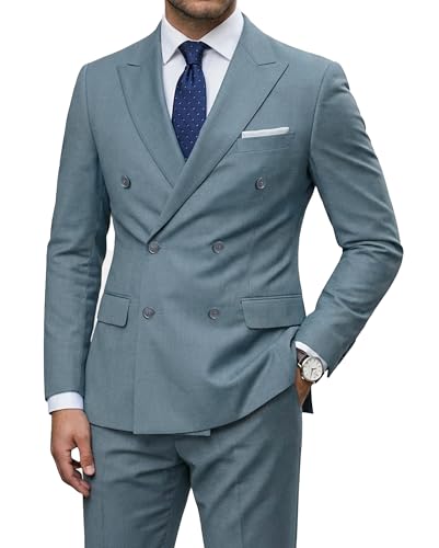 Men's 2 Piece Suit, Double Breasted Slim Fit Jacket Pants Set and Tie, Grey Blue