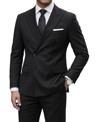 Men's 2 Piece Suit, Double Breasted Slim Fit Jacket Pants Set and Tie, Black