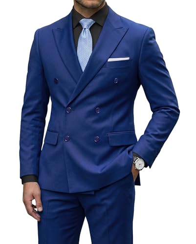 Men's 2 Piece Suit, Double Breasted Slim Fit Jacket Pants Set and Tie, Blue