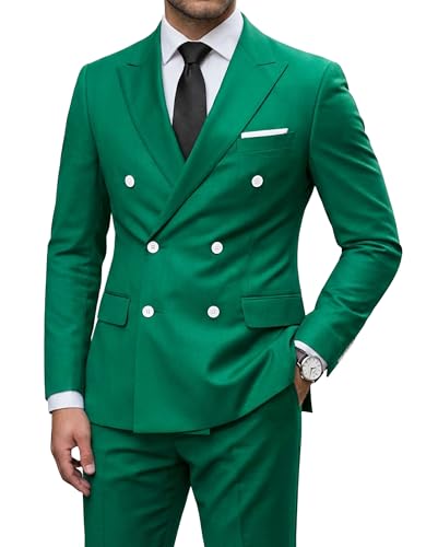 Men's 2 Piece Suit, Double Breasted Slim Fit Jacket Pants Set and Tie, Green