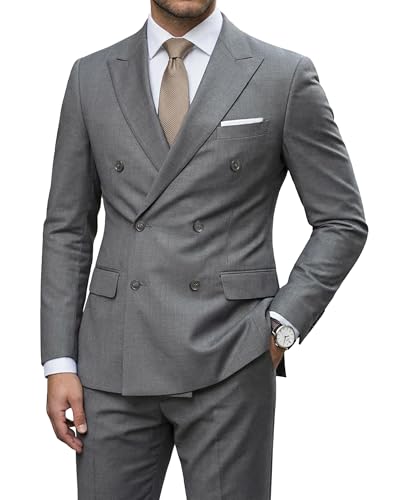 Men's 2 Piece Suit, Double Breasted Slim Fit Jacket Pants Set and Tie, Grey