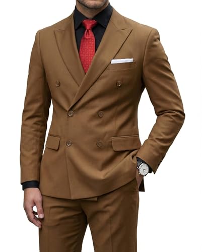 Men's 2 Piece Suit, Double Breasted Slim Fit Jacket Pants Set and Tie, Khaki
