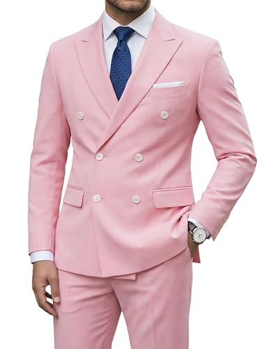 Men's 2 Piece Suit, Double Breasted Slim Fit Jacket Pants Set and Tie, Pink