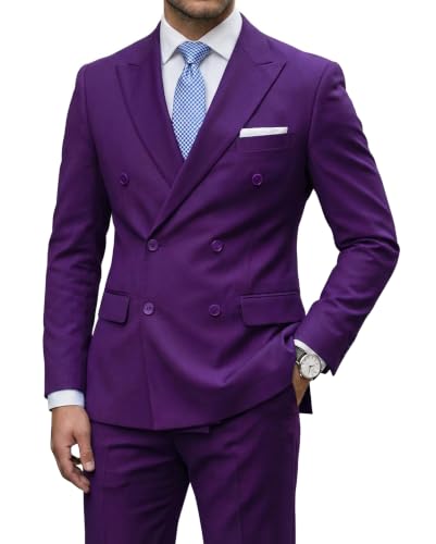 Men's 2 Piece Suit, Double Breasted Slim Fit Jacket Pants Set and Tie, Purple