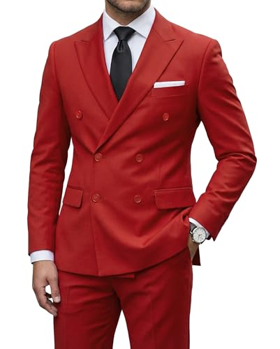 Men's 2 Piece Suit, Double Breasted Slim Fit Jacket Pants Set and Tie, Red