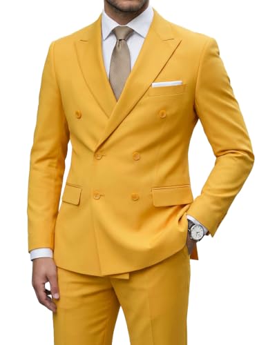 Men's 2 Piece Suit, Double Breasted Slim Fit Jacket Pants Set and Tie, Yellow