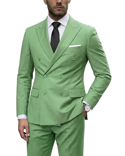 Men's 2 Piece Suit, Double Breasted Slim Fit Jacket Pants Set and Tie, Sage Green