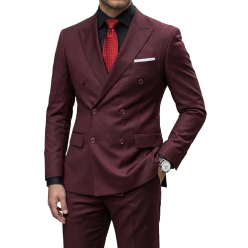 Men's 2 Piece Suit, Double Breasted Slim Fit Jacket Pants Set and Tie, Burgundy