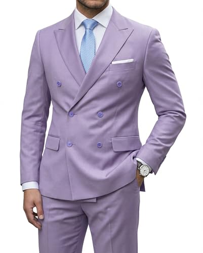Men's 2 Piece Suit, Double Breasted Slim Fit Jacket Pants Set and Tie, Lavender