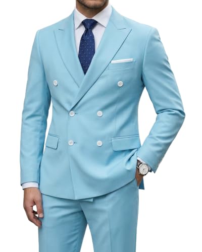 Men's 2 Piece Suit, Double Breasted Slim Fit Jacket Pants Set and Tie, Sky Blue