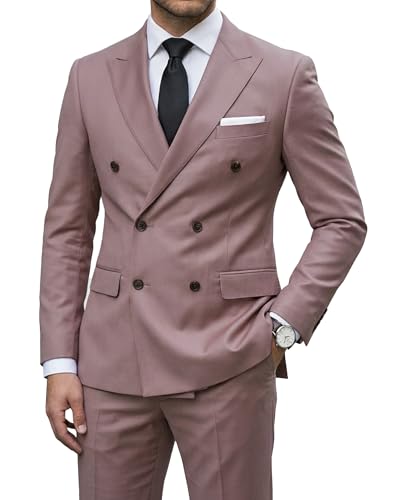 Men's 2 Piece Suit, Double Breasted Slim Fit Jacket Pants Set and Tie, Smoky Pink