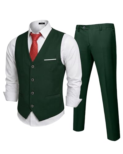 Men's 2-Piece Suit, Vest Pants Set for Men, Classic Waistcoat with Tie for Business, Wedding, Prom, Homecoming, Dark Green