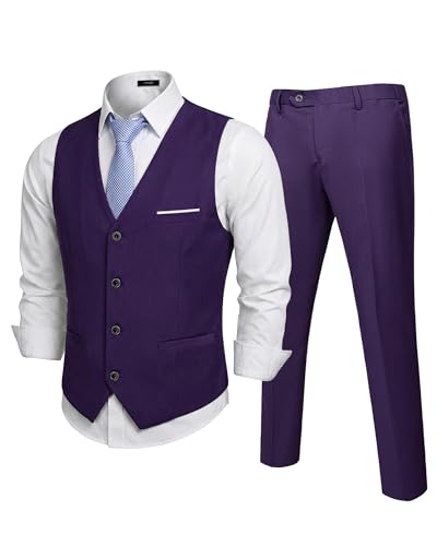 Men's 2-Piece Suit, Vest Pants Set for Men, Classic Waistcoat with Tie for Business, Wedding, Prom, Homecoming, Dark Purple