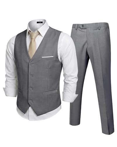 Men's 2-Piece Suit, Vest Pants Set for Men, Classic Waistcoat with Tie for Business, Wedding, Prom, Homecoming Light Gray, Light Grey