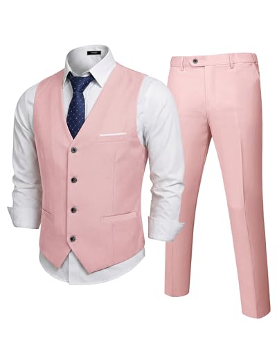 Men's 2-Piece Suit, Vest Pants Set for Men, Classic Waistcoat with Tie for Business, Wedding, Prom, Homecoming, Light Pink