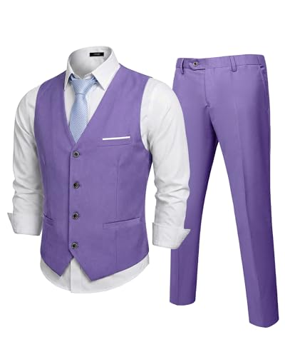 Men's 2-Piece Suit, Vest Pants Set for Men, Classic Waistcoat with Tie for Business, Wedding, Prom, Homecoming, Light Purple