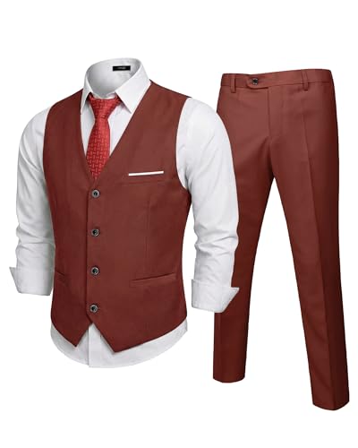 Men's 2-Piece Suit, Vest Pants Set for Men, Classic Waistcoat with Tie for Business, Wedding, Prom, Homecoming, Brick Red