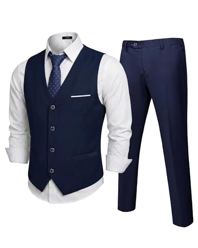 Men's 2-Piece Suit, Vest Pants Set for Men, Classic Waistcoat with Tie for Business, Wedding, Prom, Homecoming, Dark Blue