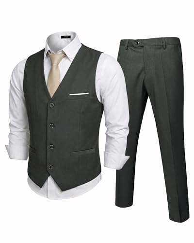 Men's 2-Piece Suit, Vest Pants Set for Men, Classic Waistcoat with Tie for Business, Wedding, Prom, Homecoming Dark Gray, Dark Grey