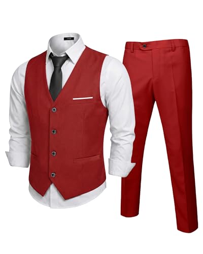 Men's 2-Piece Suit, Vest Pants Set for Men, Classic Waistcoat with Tie for Business, Wedding, Prom, Homecoming, Red