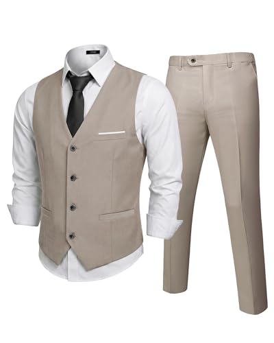 Men's 2-Piece Suit, Vest Pants Set for Men, Classic Waistcoat with Tie for Business, Wedding, Prom, Homecoming, Beige