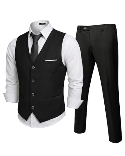 Men's 2-Piece Suit, Vest Pants Set for Men, Classic Waistcoat with Tie for Business, Wedding, Prom, Homecoming, Black