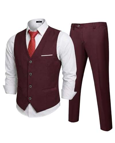 Men's 2-Piece Suit, Vest Pants Set for Men, Classic Waistcoat with Tie for Business, Wedding, Prom, Homecoming, Burgundy