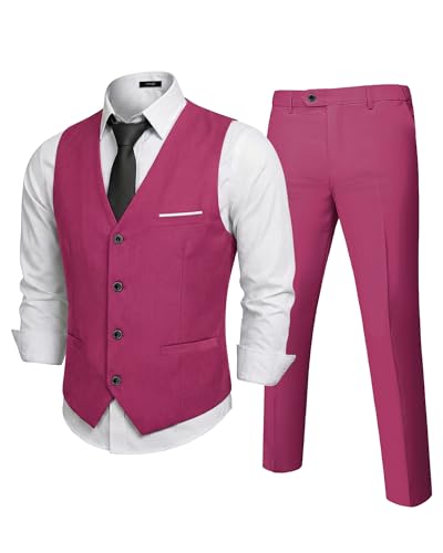 Men's 2-Piece Suit, Vest Pants Set for Men, Classic Waistcoat with Tie for Business, Wedding, Prom, Homecoming, Fuchsia
