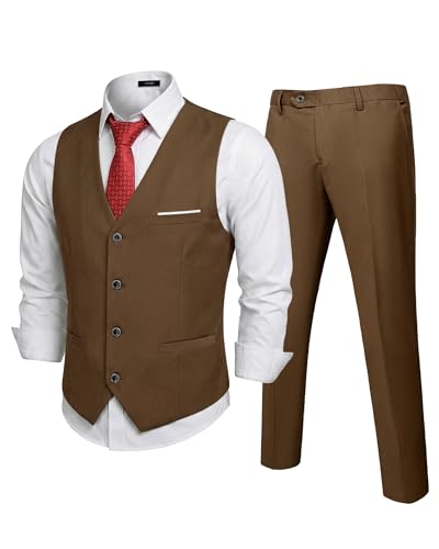 Men's 2-Piece Suit, Vest Pants Set for Men, Classic Waistcoat with Tie for Business, Wedding, Prom, Homecoming, Khaki