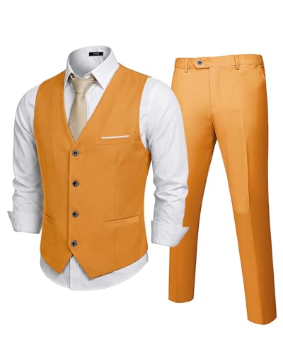 Men's 2-Piece Suit, Vest Pants Set for Men, Classic Waistcoat with Tie for Business, Wedding, Prom, Homecoming, Orange