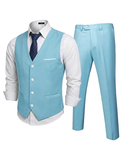 Men's 2-Piece Suit, Vest Pants Set for Men, Classic Waistcoat with Tie for Business, Wedding, Prom, Homecoming, Sky Blue