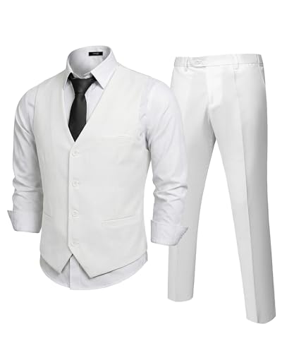 Men's 2-Piece Suit, Vest Pants Set for Men, Classic Waistcoat with Tie for Business, Wedding, Prom, Homecoming, White
