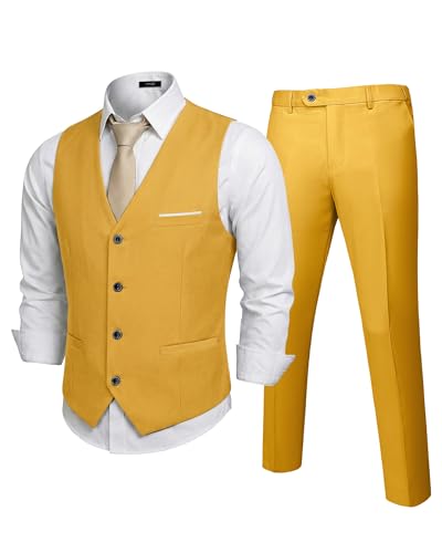 Men's 2-Piece Suit, Vest Pants Set for Men, Classic Waistcoat with Tie for Business, Wedding, Prom, Homecoming, Yellow