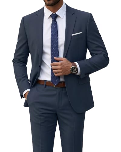 Men's 2 Piece Suit with Tie, Slim Fit Solid Color Jacket and Pants Set, One Button, Carbon Blue
