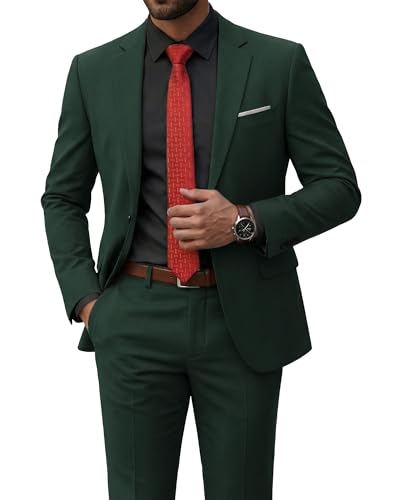Men's 2 Piece Suit with Tie, Slim Fit Solid Color Jacket and Pants Set, One Button, Deep Green