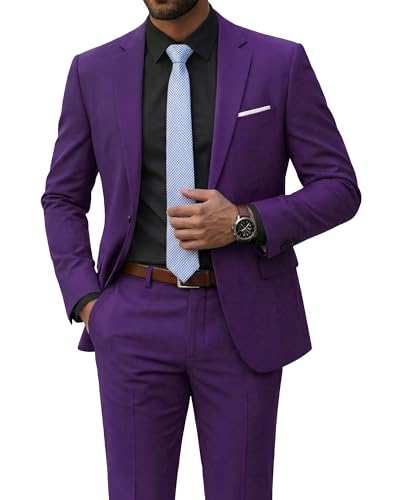 Men's 2 Piece Suit with Tie, Slim Fit Solid Color Jacket and Pants Set, One Button, Deep Purple