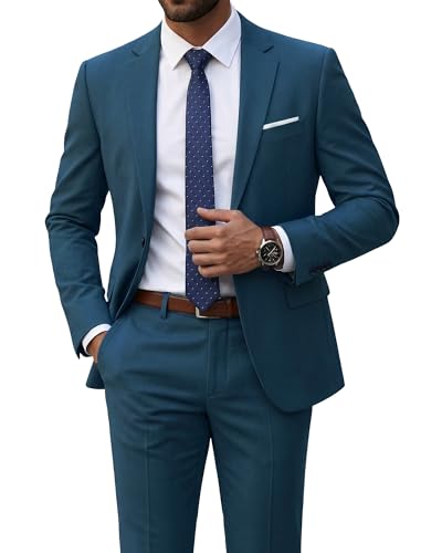 Men's 2 Piece Suit with Tie, Slim Fit Solid Color Jacket and Pants Set, One Button, Light Blue