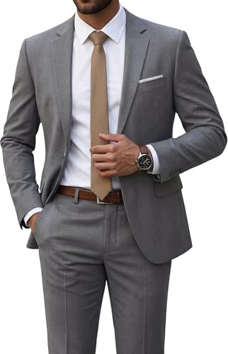 Men's 2 Piece Suit with Tie, Slim Fit Solid Color Jacket and Pants Set, One Button, Light Grey